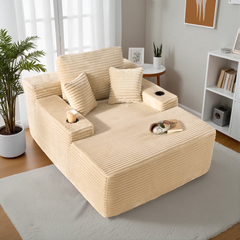 XIZZI 67" Oversized Chaise Lounge Indoor, No Assembly Required, Upholstered Sleeper Sofa Bed with Cup Holder & Throw Pillows, Plush Fabric, Beige