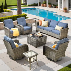 XIZZI 8-Piece Patio Furniture Set Outdoor Furniture with 4 Swivel Rocking Chairs, High-Back All-Weather Rattan Wicker Outdoor Conversation Set with Solar Light Coffee Table Denim Blue