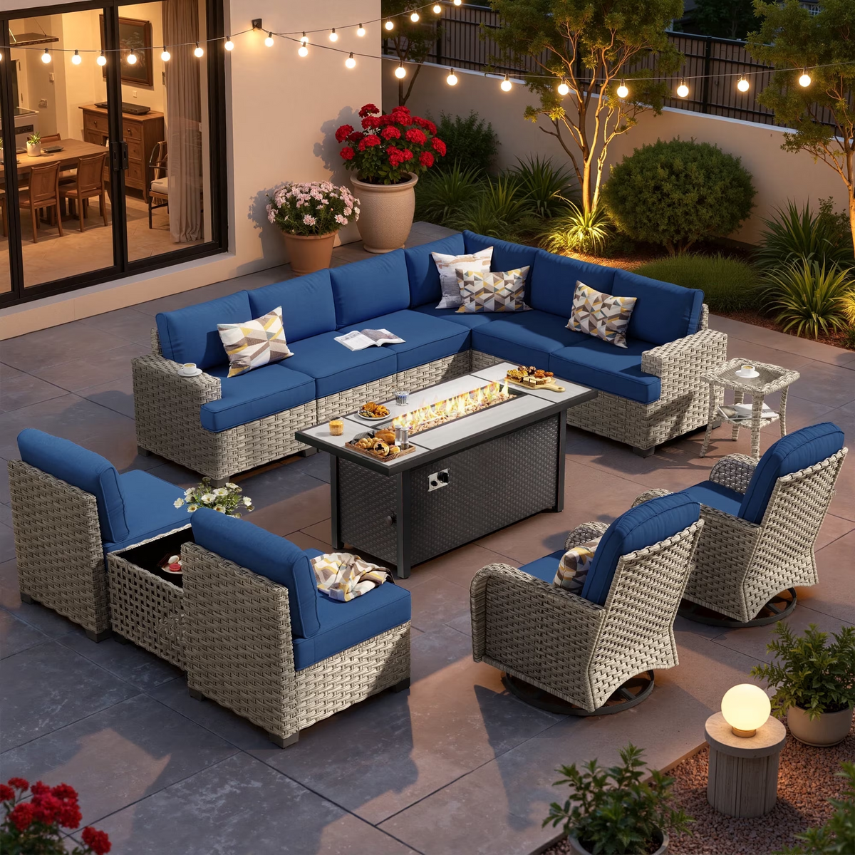 XIZZI 13-Piece Outdoor Furniture Patio Set with Fire Pit Table and Swivel Rocking Chair, Wicker Outdoor Sectional Sofa Conversation Set with Solar Coffee Table for Patio, Garden, Large Villa, Blue